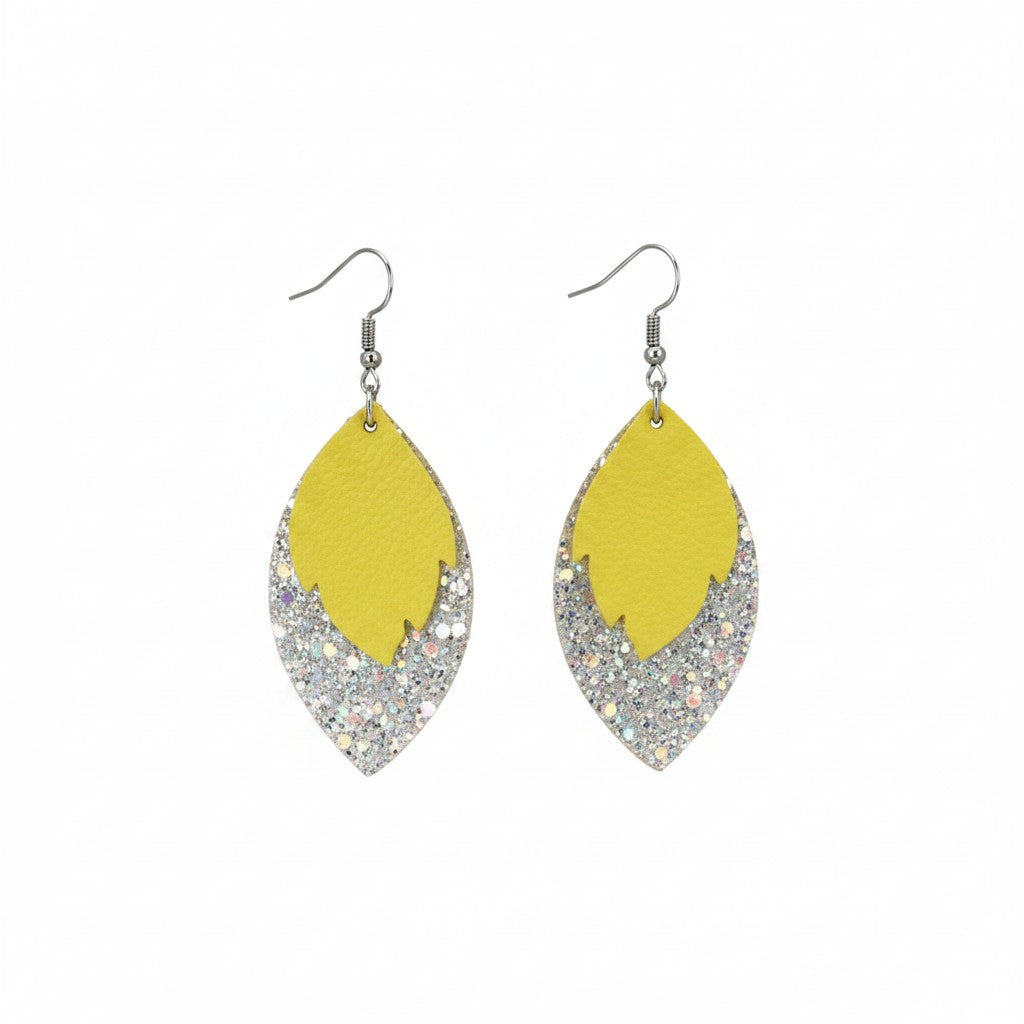 Canary Yellow and Silver Halo Layered Leather Earrings