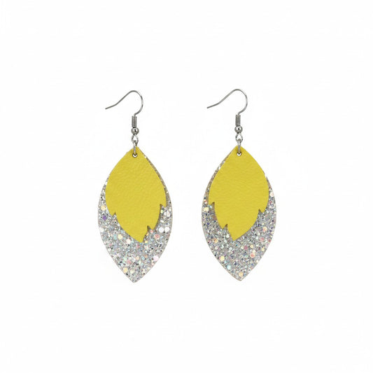 Canary Yellow and Silver Halo Layered Leather Earrings