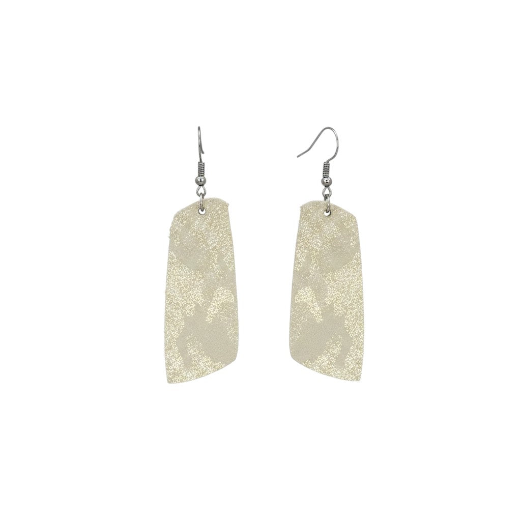 Beige Metallic Camo Angled Bar Leather Earrings