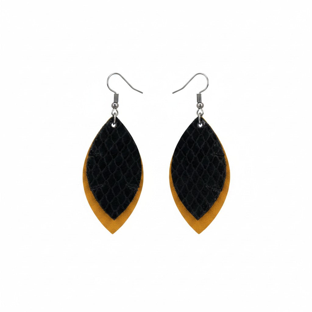 Mustard Suede and Black Fish Net Layered Marquise Earrings