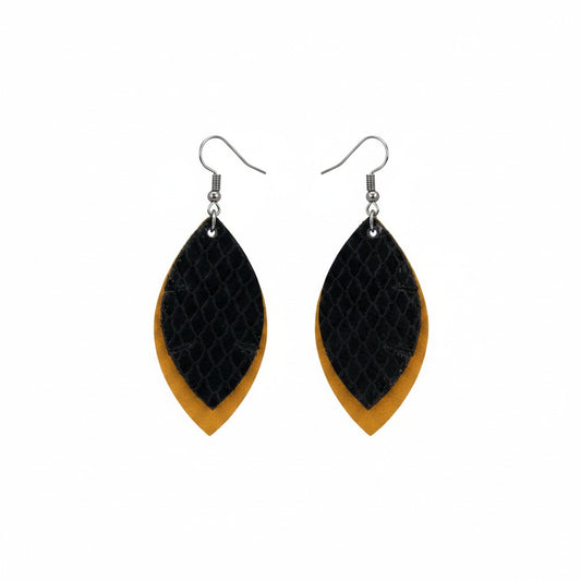 Mustard Suede and Black Fish Net Layered Marquise Earrings