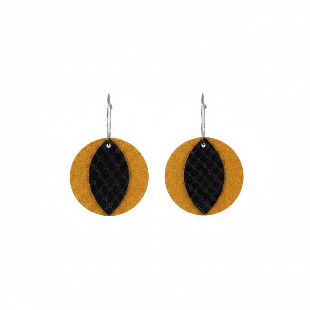 Mustard Suede and Black Fish Net Round Leather Earrings