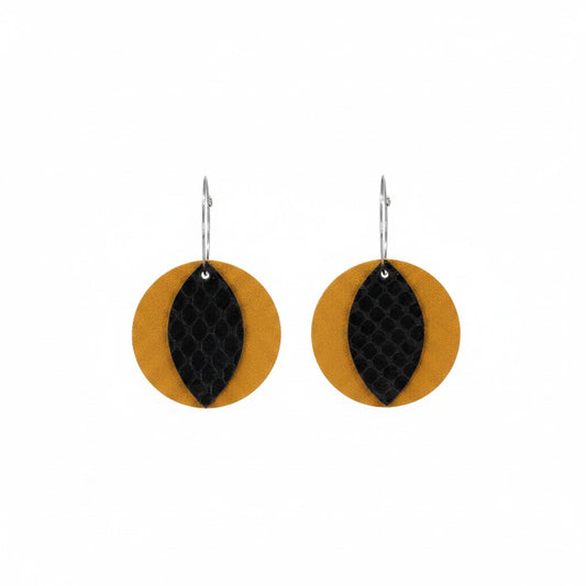 Mustard Suede and Black Fish Net Round Leather Earrings