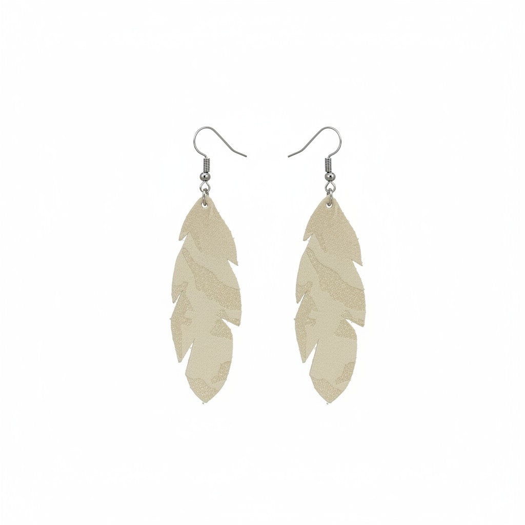 Beige Metallic Camo Feather Leather Earrings