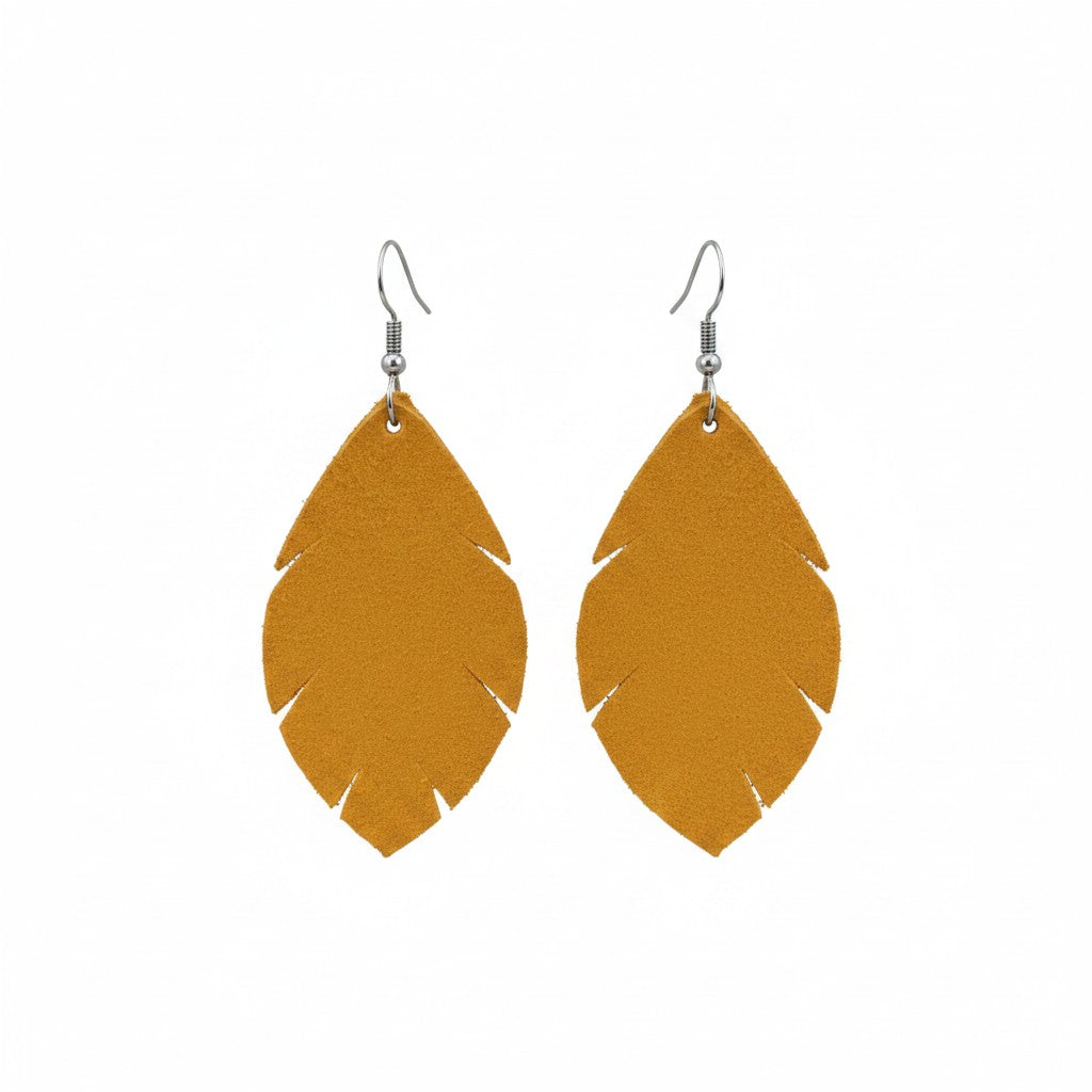 Dark Mustard Gold Suede Cut Leaf Earrings