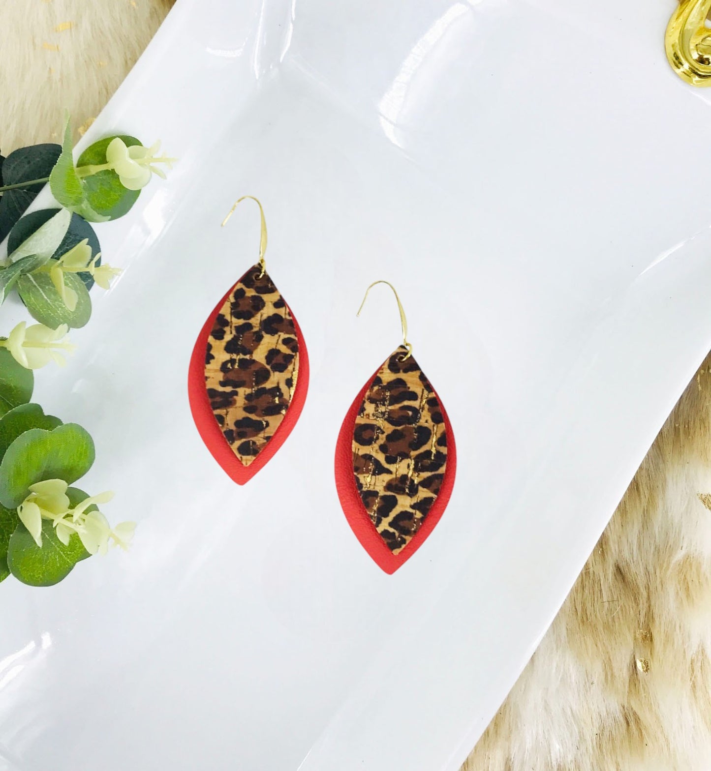 Salmon and Baby Cheetah Leather Earrings - E19-1468