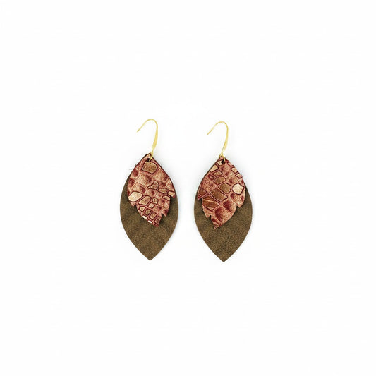 Sandy Brown and Rose Gold Snake Layered Leather Earrings