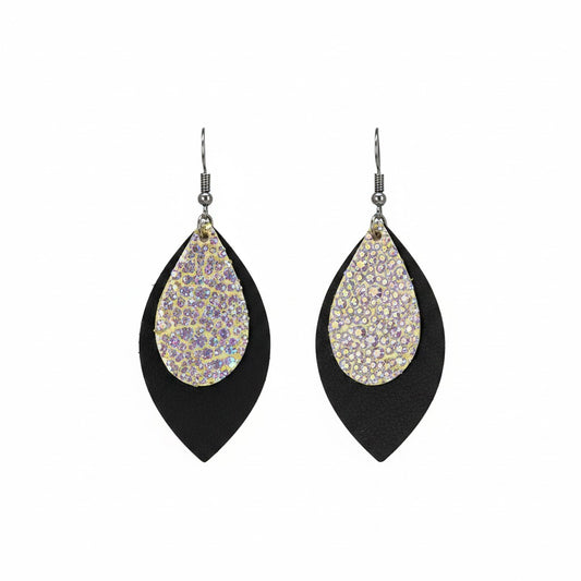 Black and Silver Halo Layered Leather Earrings