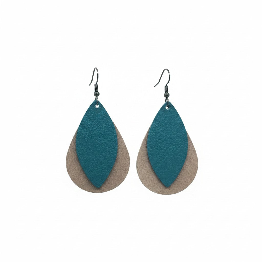 Rose Gold and Peacock Blue Layered Leather Earrings