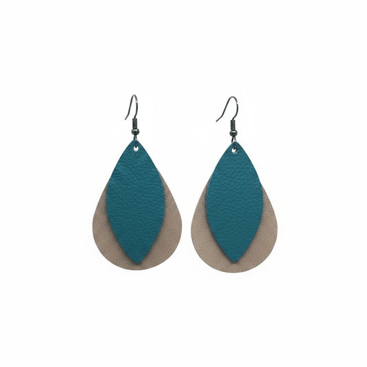 Rose Gold and Peacock Blue Layered Leather Earrings