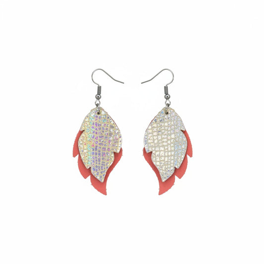 Salmon and Silver Halo Layered Leaf Leather Earrings