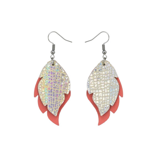 Salmon and Silver Halo Layered Leaf Leather Earrings