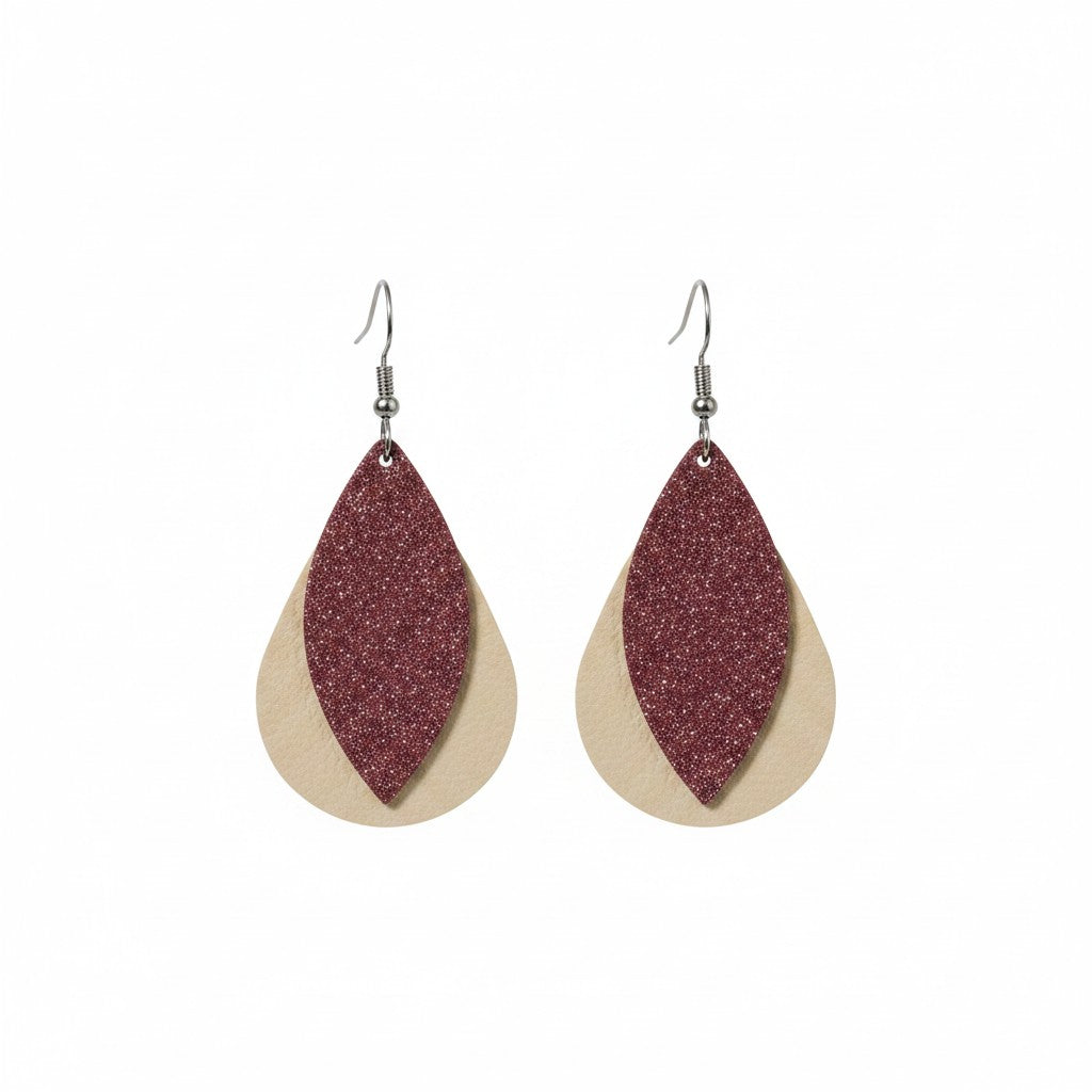 Champagne Pearlized and Dark Raspberry Layered Leather Earrings
