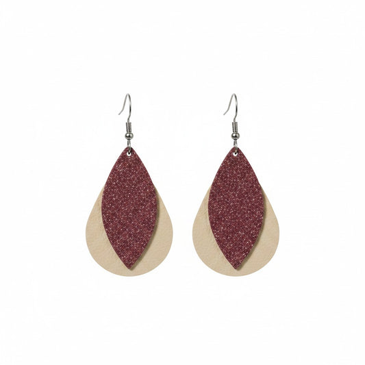 Champagne Pearlized and Dark Raspberry Layered Leather Earrings