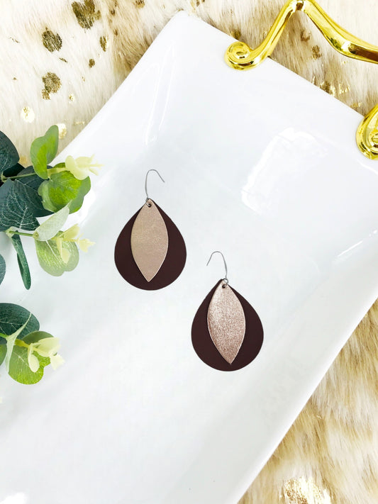 Dark Brown and Metallic Rose Gold Leather Earrings - E19-1484