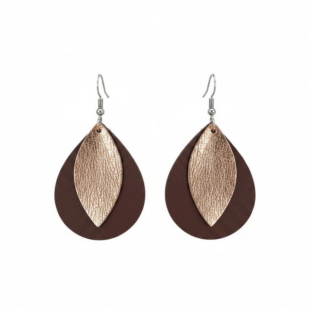 Dark Brown and Rose Gold Layered Teardrop Leather Earrings