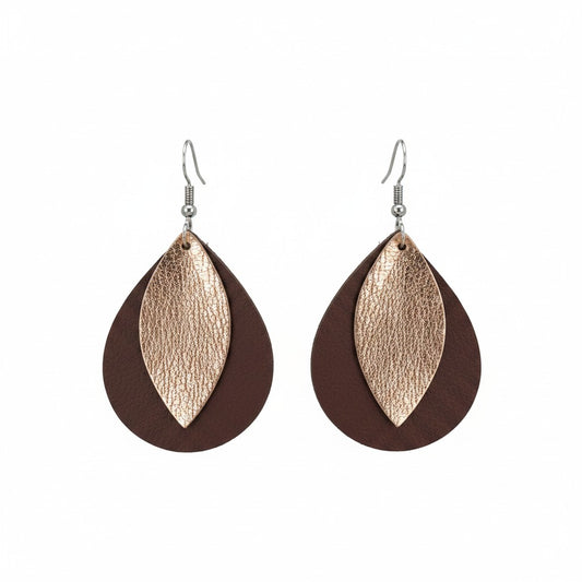 Dark Brown and Rose Gold Layered Teardrop Leather Earrings