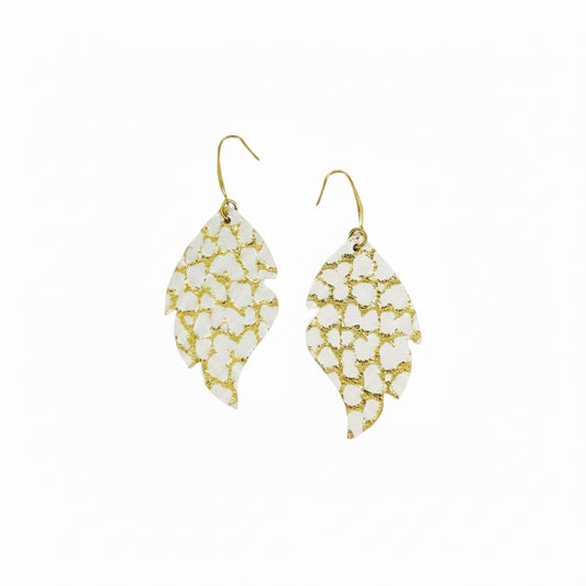 Ivory & Gold Mini Dinosaur Curved Leaf Leather Earrings