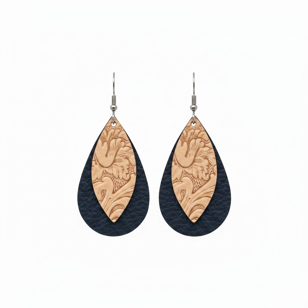 Royal Blue and Natural Acanthus Layered Leather Earrings