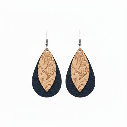 Royal Blue and Natural Acanthus Layered Leather Earrings