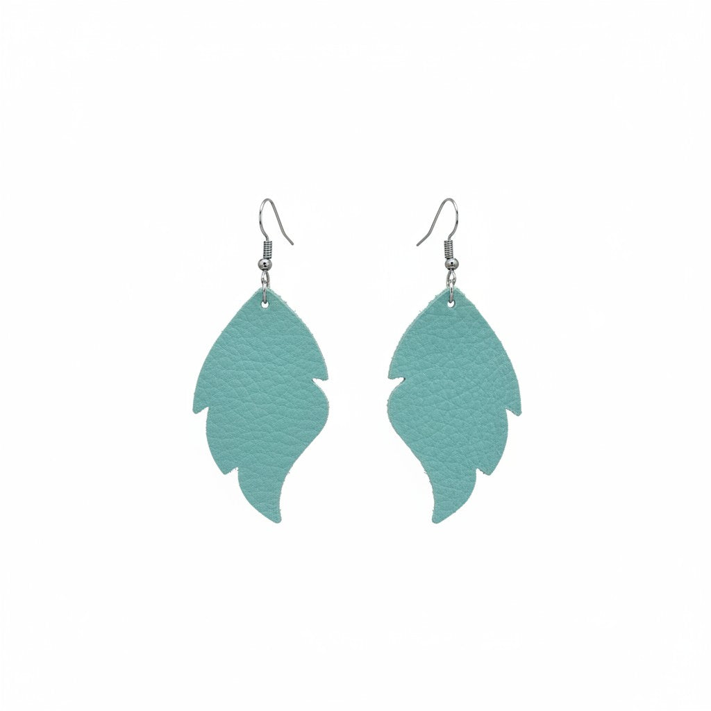 Ice Princess Blue Green Cut Leaf Leather Earrings