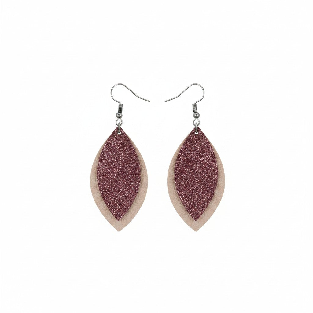 Rose Gold and Dark Raspberry Dazzle Layered Leather Earrings
