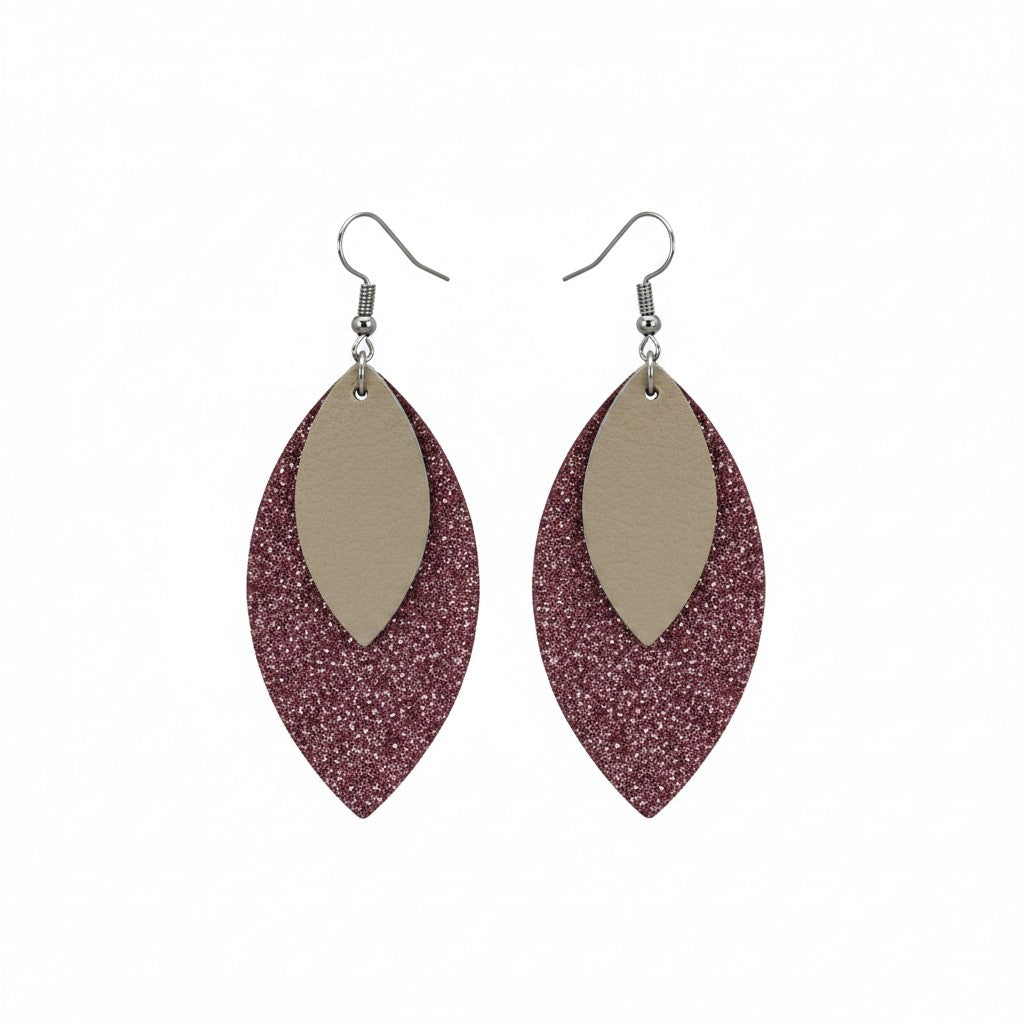 Deep Raspberry Dazzle and Metallic Gold Layered Leather Earrings