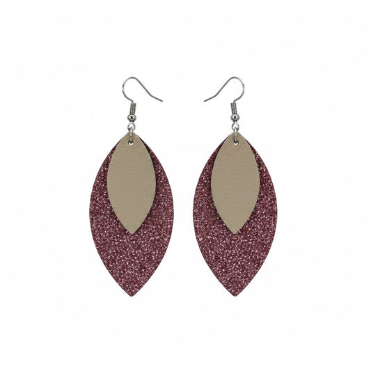Deep Raspberry Dazzle and Metallic Gold Layered Leather Earrings