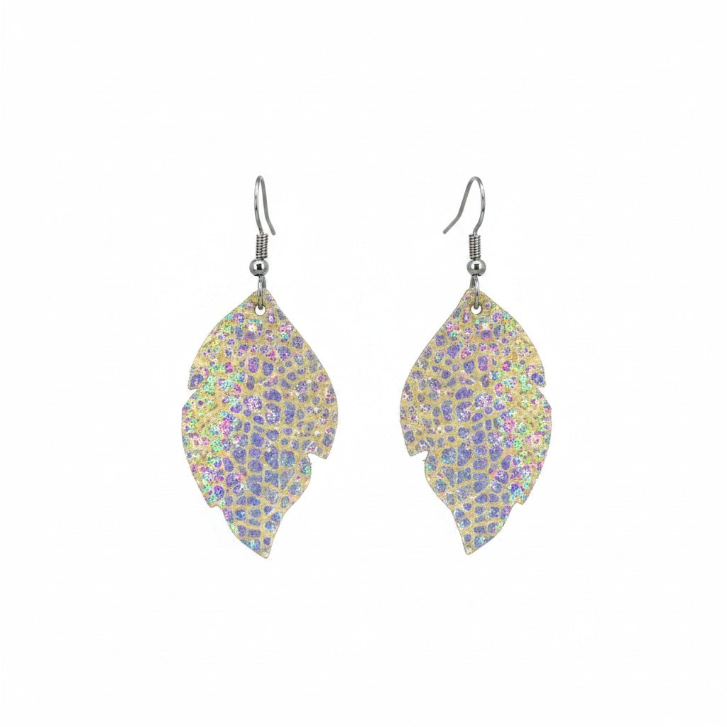 Silver Halo Iridescent Cut Leaf Leather Earrings