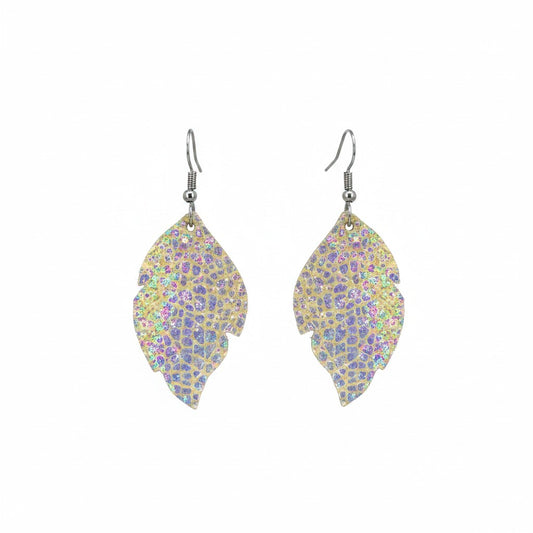 Silver Halo Iridescent Cut Leaf Leather Earrings