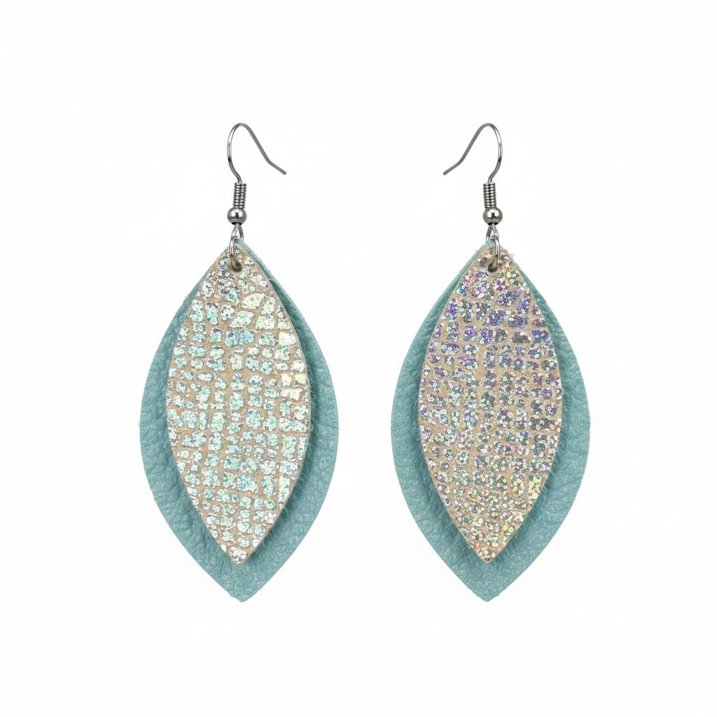 Ice Princess Blue Green and Silver Halo Layered Leather Earrings