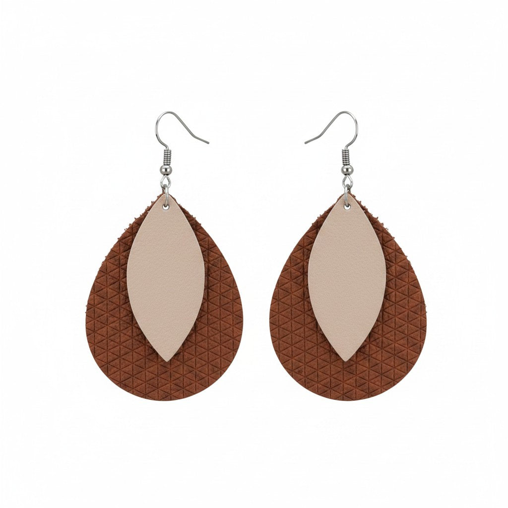 Cinnamon Spice and Rose Gold Layered Leather Earrings