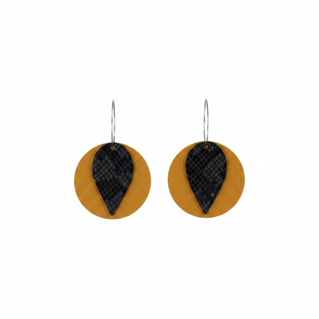 Mustard Suede Hoop and Black Fish Net Leather Earrings