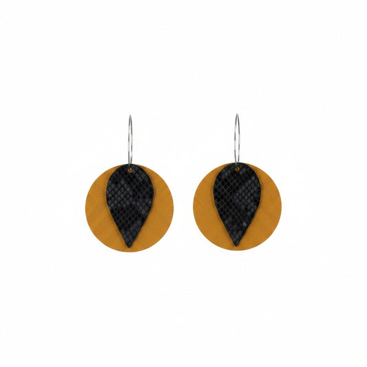 Mustard Suede Hoop and Black Fish Net Leather Earrings