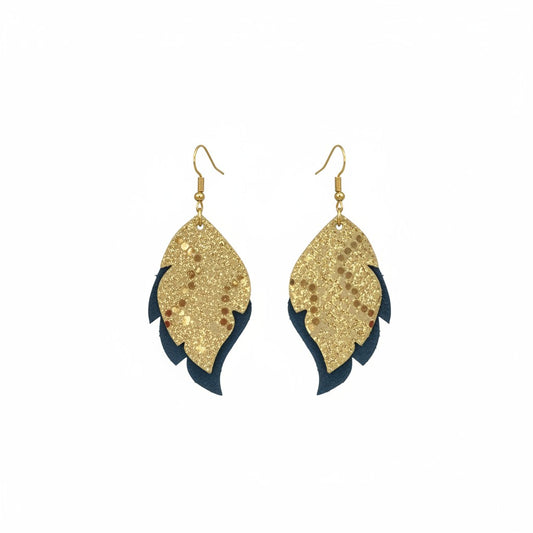 Layered Mystic Gold and Dark Teal Leaf Leather Earrings