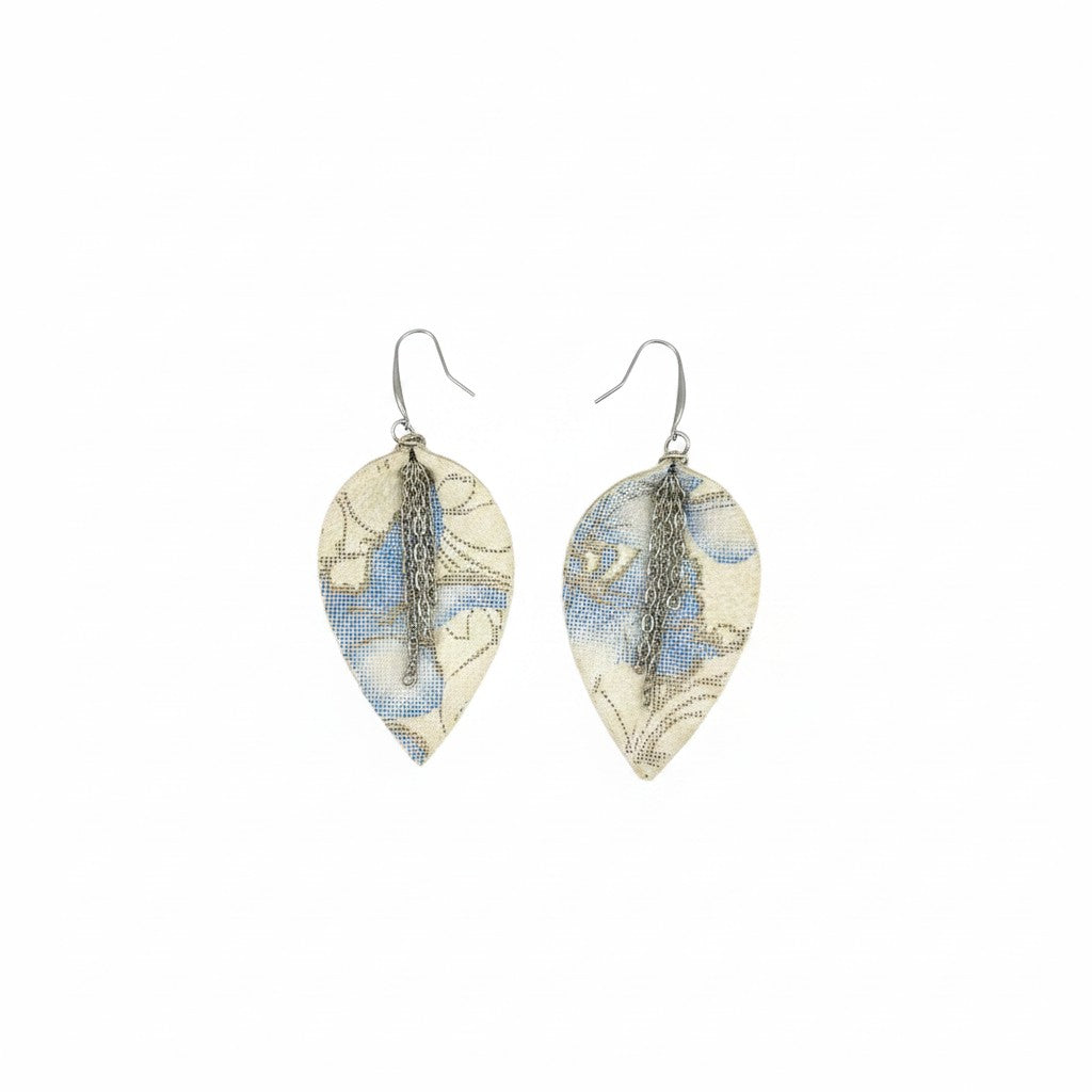 Ivory & Blue Floral Chain Leather Earrings