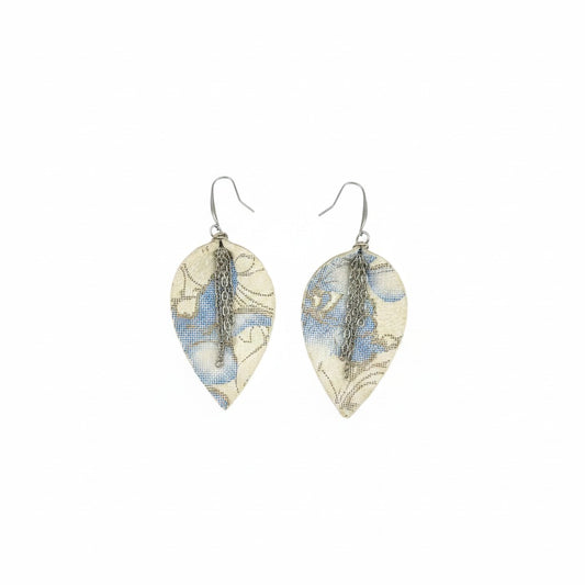 Ivory & Blue Floral Chain Leather Earrings