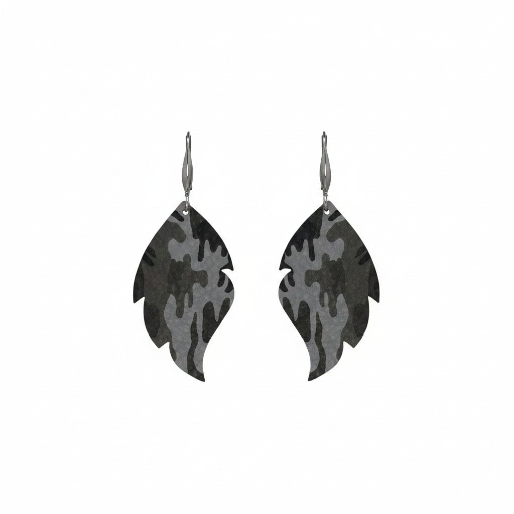 Jungle Gray Camo Cut Leaf Leather Earrings
