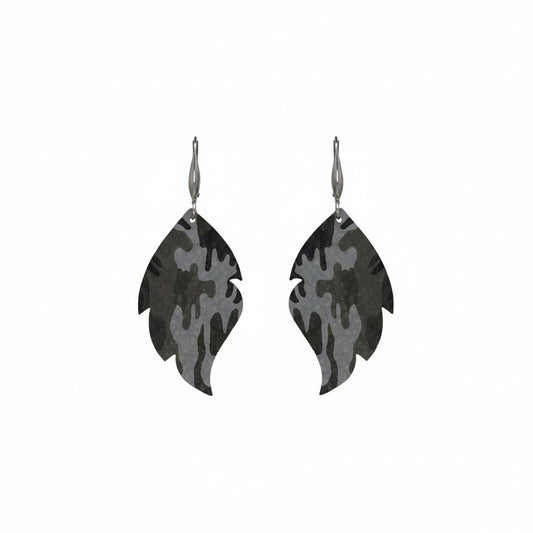 Jungle Gray Camo Cut Leaf Leather Earrings