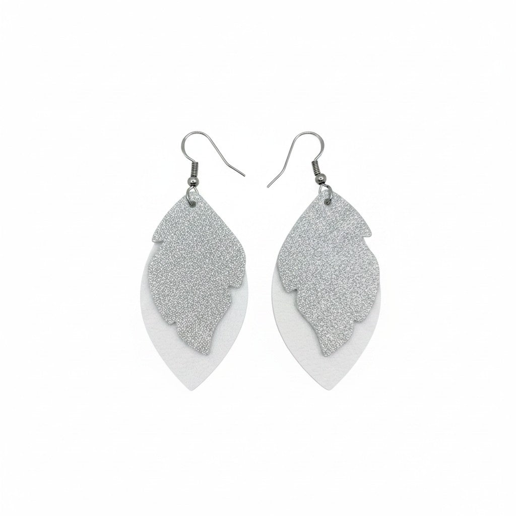 White Pearl & Silver Layered Leather Earrings