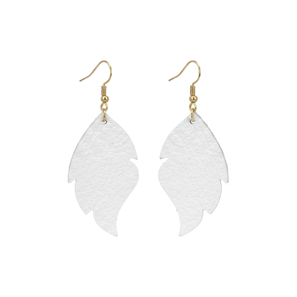 White Full Grain Cut Leaf Leather Earrings