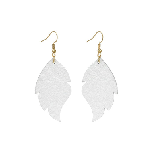 White Full Grain Cut Leaf Leather Earrings