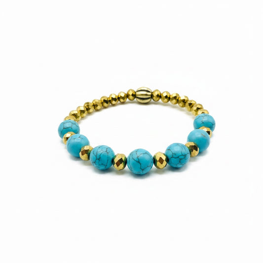 Turquoise and Gold Glass Bead Stretch Bracelet
