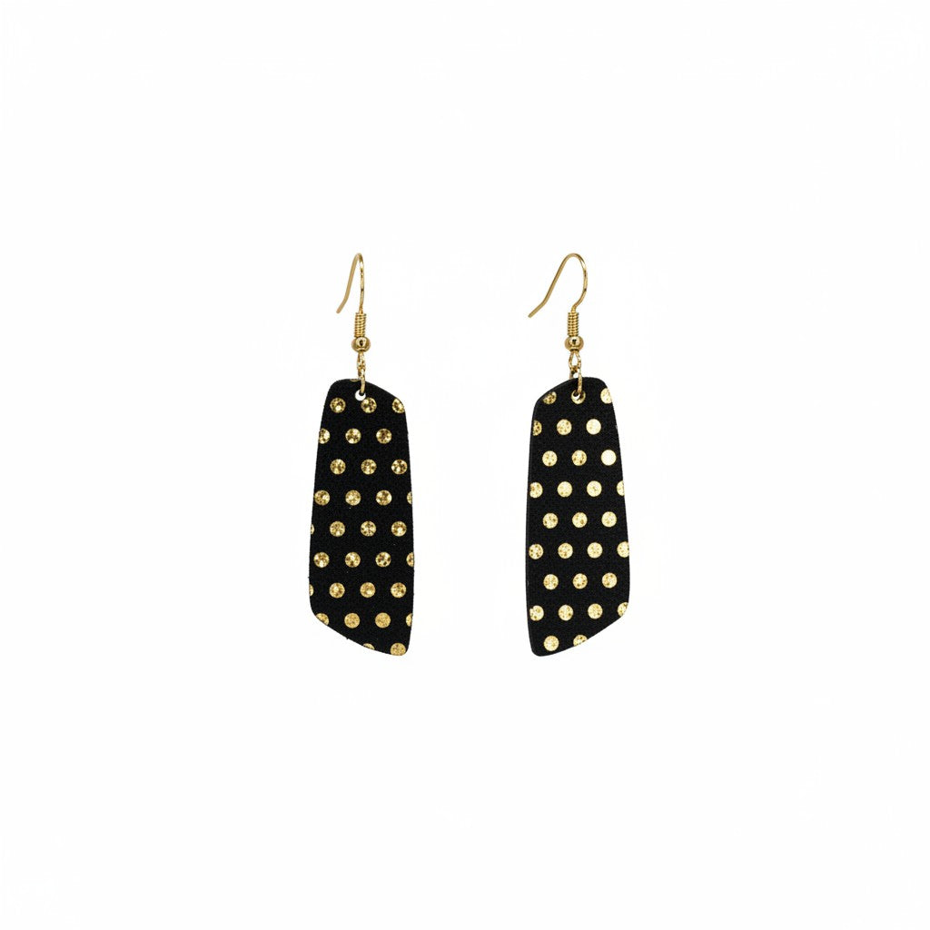 Black & Gold Polka Dot Angled Bar Leather Earrings