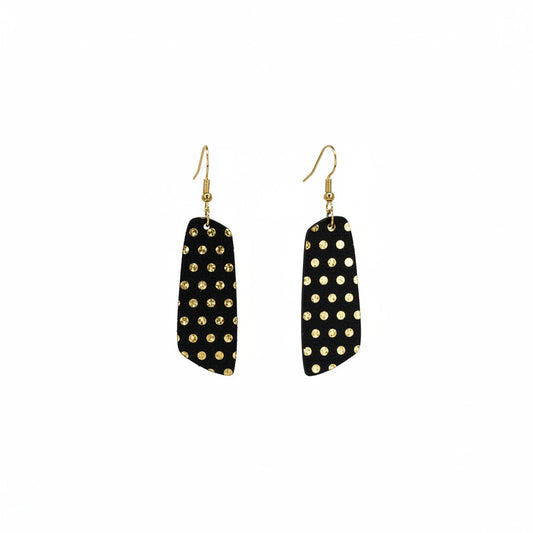 Black & Gold Polka Dot Angled Bar Leather Earrings