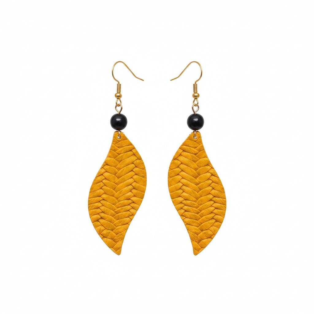 Mustard Braided Fishtail Leather Earrings