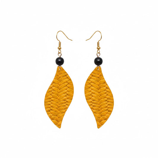 Mustard Braided Fishtail Leather Earrings