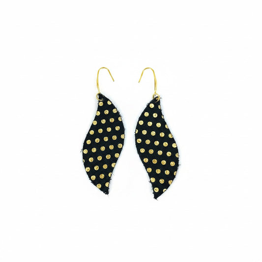 Black & Gold Polka Dot Curved Leaf Leather Earrings
