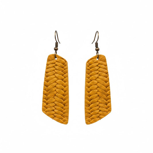 Mustard Braided Fishtail Angled Bar Leather Earrings
