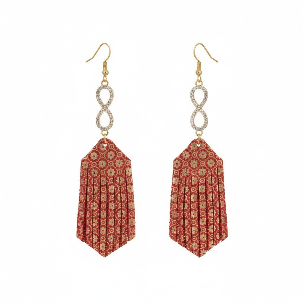 Red and Gold Floral Fringe Rhinestone Leather Earrings
